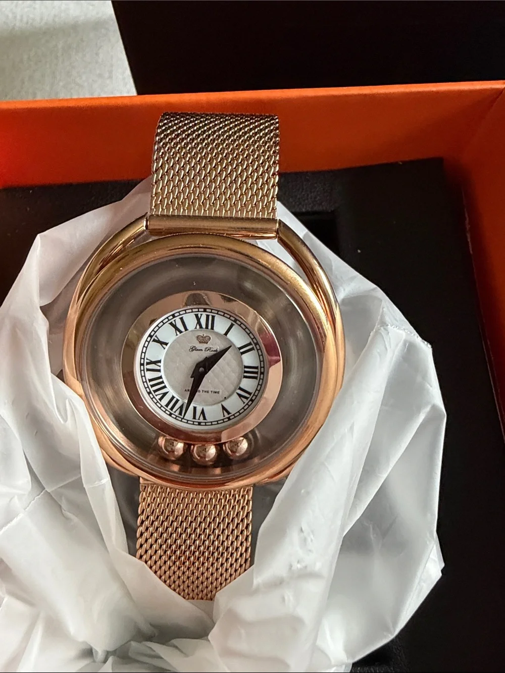 Ford Rose Gold Mesh Bracelet Watch with Decorative Bezel